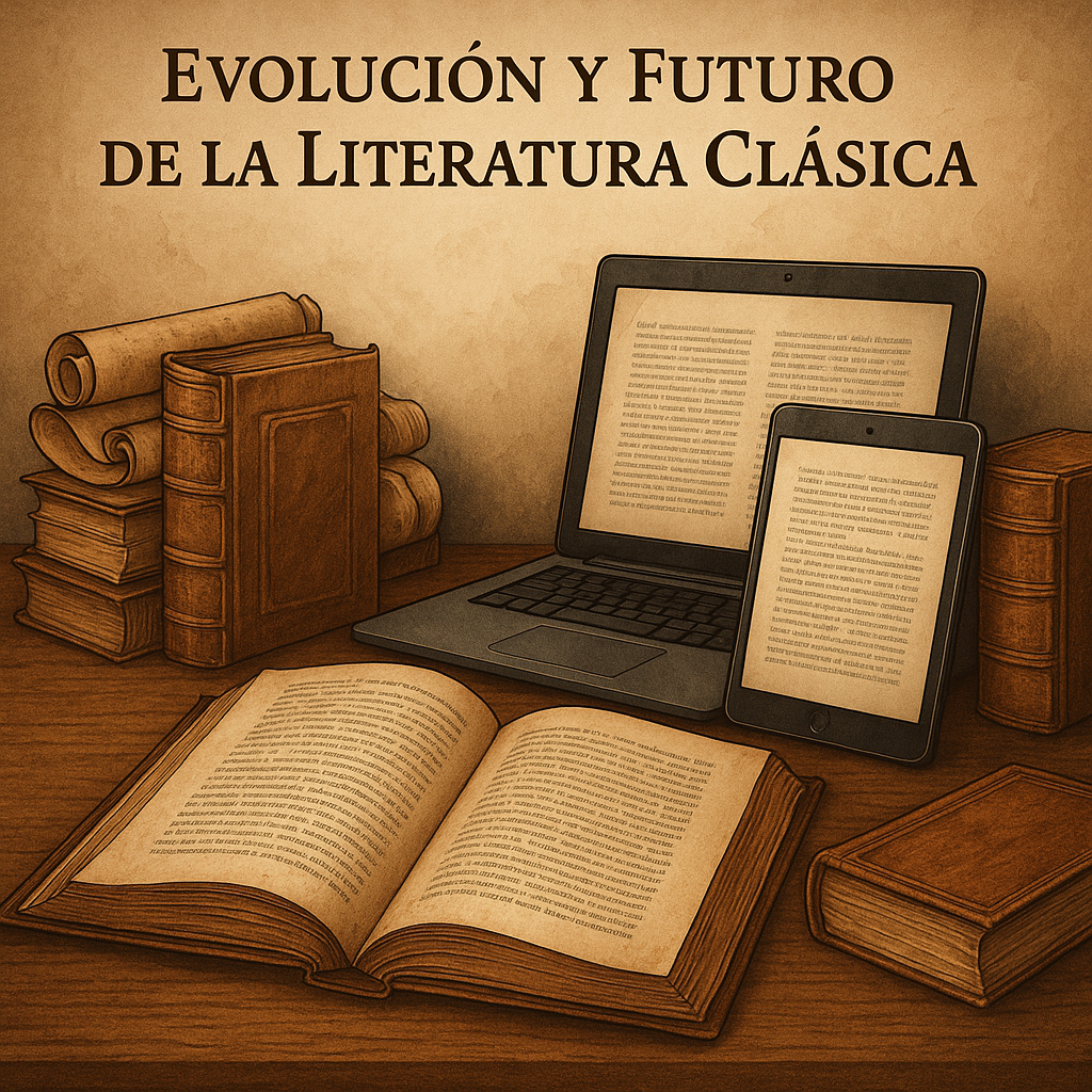 Evolución y futuro de la literatura clásica, combinando libros antiguos y dispositivos digitales como tabletas y computadoras.
