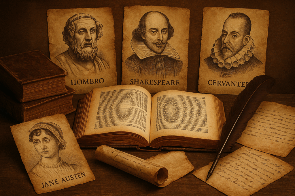 Representación del concepto de literatura clásica con libros antiguos, manuscritos y retratos de autores como Homero, Shakespeare, Jane Austen y Cervantes.
