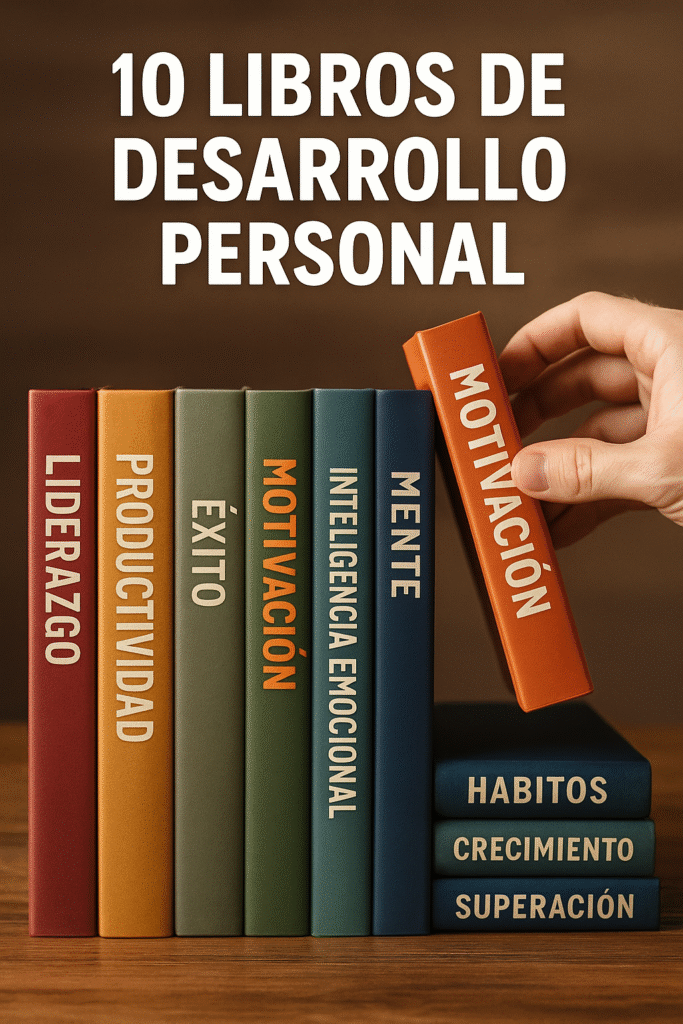 Libros de desarrollo personal con etiquetas como liderazgo, productividad, motivación e inteligencia emocional.