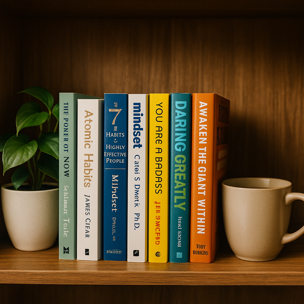 Estante de libros de desarrollo personal con títulos en primer plano, junto a una planta decorativa y una taza de café.