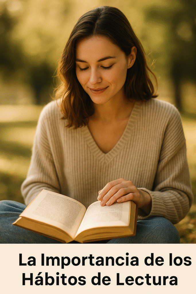 Mujer joven leyendo un libro al aire libre con expresión serena, rodeada de naturaleza, simbolizando el valor de los hábitos lectores.
