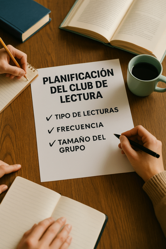Reunión de planificación de un club de lectura, con personas tomando notas alrededor de una hoja con puntos clave.