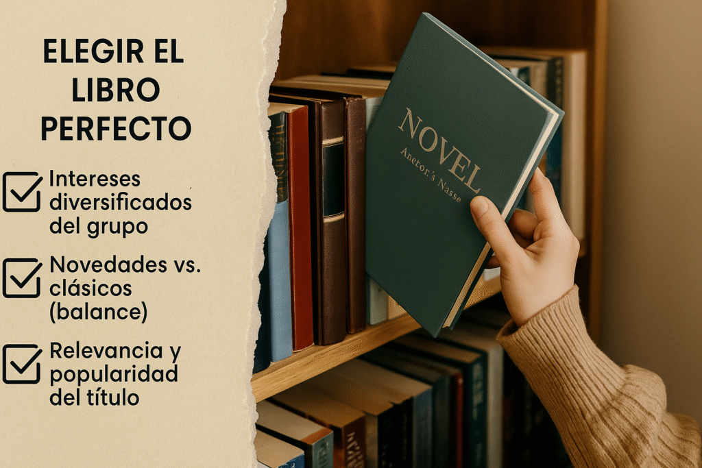 Mano de una persona eligiendo un libro de un estante, junto a una guía visual con criterios clave para escoger lecturas en un club de lectura.
