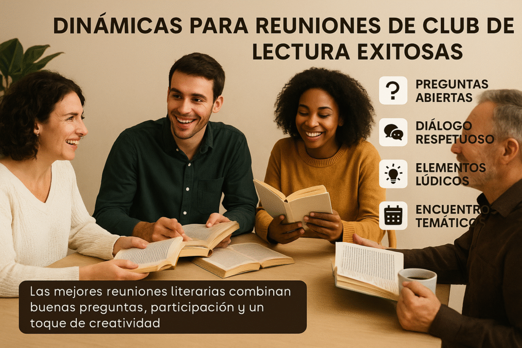 Reunión de club de lectura con cuatro personas conversando, junto a estrategias visuales para dinamizar encuentros literarios.