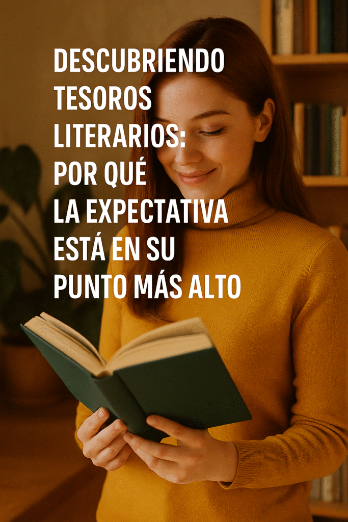 Mujer joven leyendo un libro con una expresión de satisfacción, junto al texto "Descubriendo tesoros literarios: por qué la expectativa está en su punto más alto".