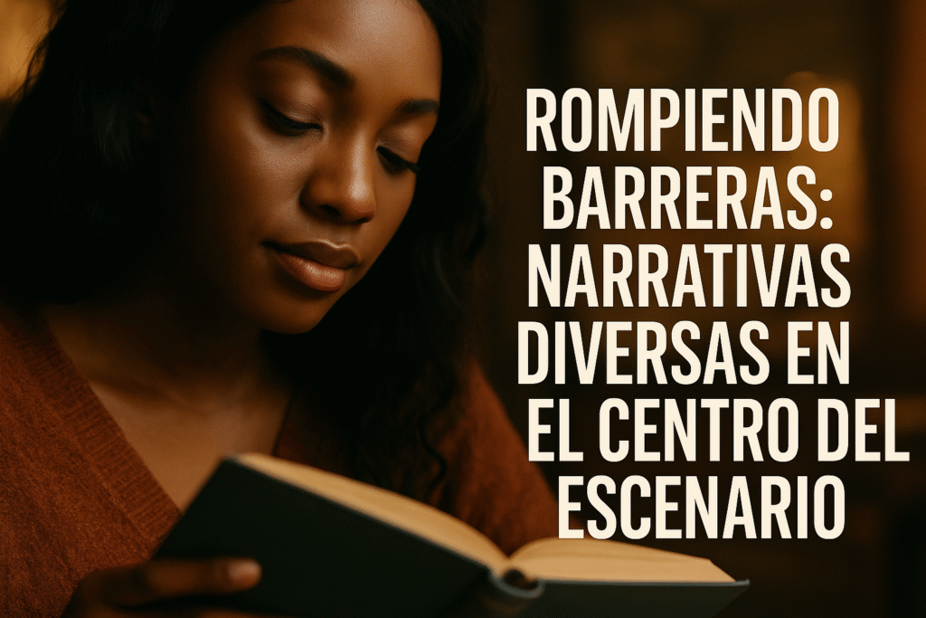 Mujer joven leyendo con serenidad, acompañada del texto “Rompiendo Barreras: Narrativas Diversas en el Centro del Escenario”.