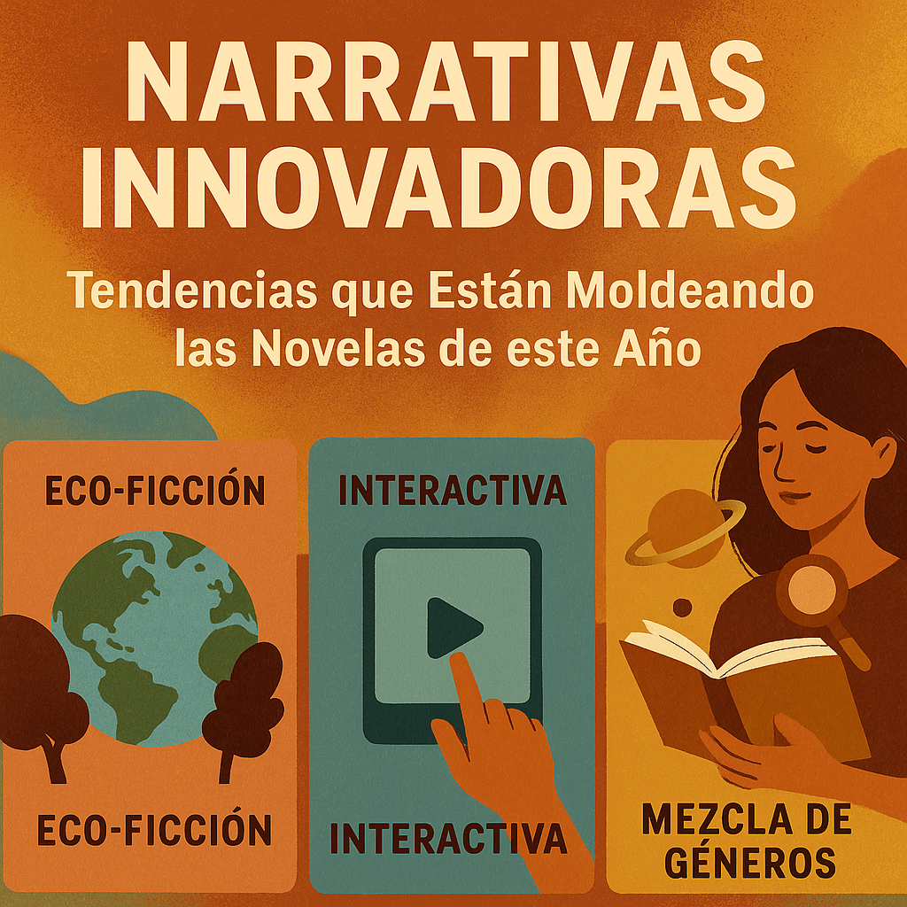 Ilustración con texto “Narrativas Innovadoras” y gráficos sobre eco-ficción, narrativa interactiva y mezcla de géneros.