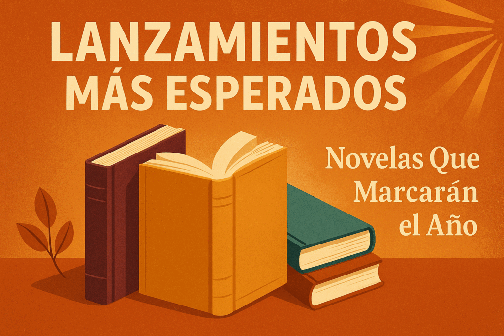Ilustración con libros destacados y el título “Lanzamientos Más Esperados: Novelas Que Marcarán el Año” en español.