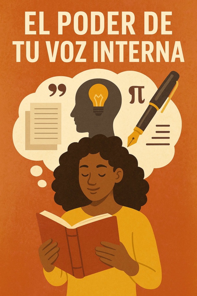 Ilustración de una mujer joven leyendo con los ojos cerrados, acompañada de símbolos creativos que representan su voz interna narrativa.