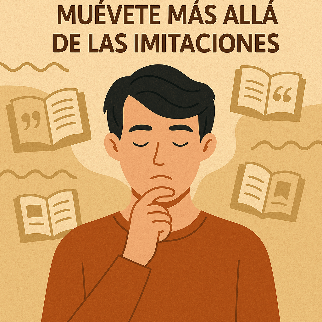 Hombre joven pensativo con el texto “Muévete más allá de las imitaciones” y libros flotantes a su alrededor.