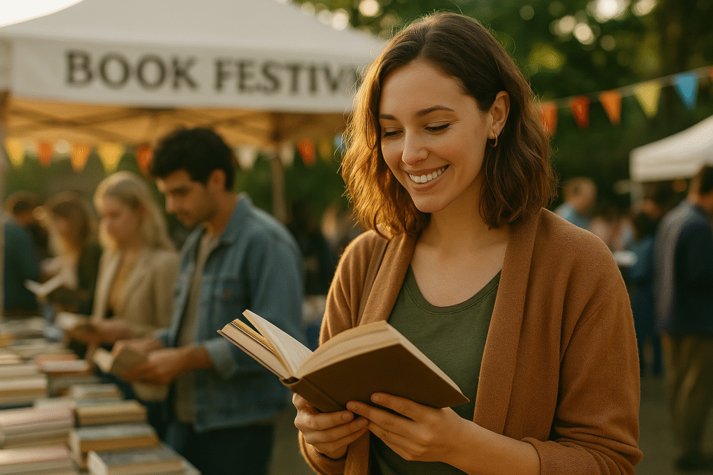 Mujer joven leyendo un libro en un festival literario al aire libre, rodeada de otras personas que hojean libros bajo banderines coloridos.