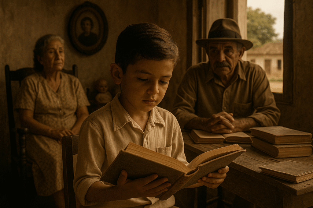 Niño leyendo un libro en una habitación antigua acompañado por una mujer mayor y un hombre mayor observándolo, con luz natural entrando por la ventana.