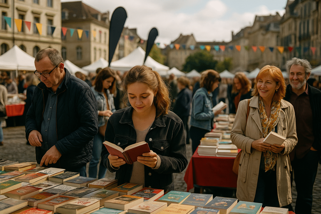 Personas explorando libros en una feria literaria al aire libre, en una plaza europea rodeada de edificios históricos.