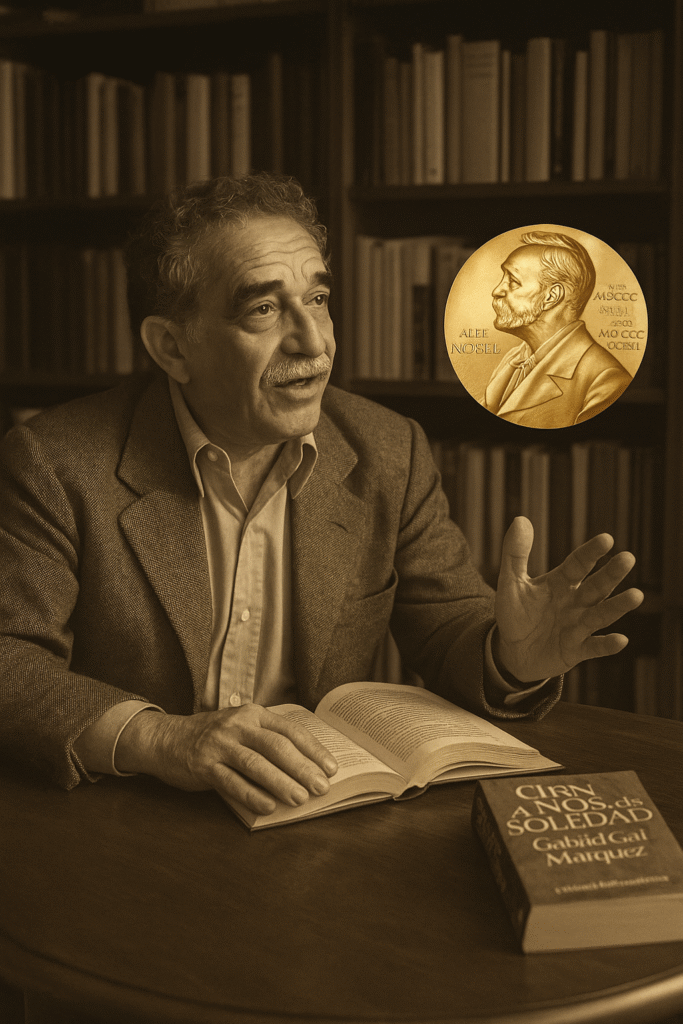 Hombre mayor en una biblioteca, hablando con un libro abierto frente a él, con una medalla del Premio Nobel y una copia de Cien años de soledad visibles sobre la mesa.