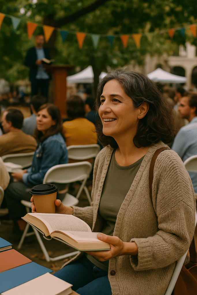 Mujer de mediana edad sonriendo mientras sostiene un libro y una taza de café durante una charla en un festival literario al aire libre.