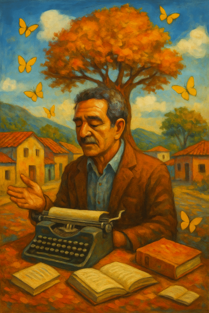 Pintura de un hombre escribiendo a máquina con un árbol emergiendo de su espalda, mariposas amarillas volando y un pueblo caribeño al fondo.
