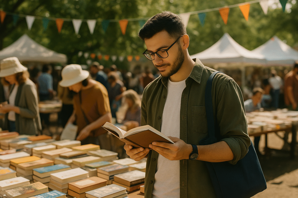 Hombre joven leyendo un libro durante un festival literario al aire libre, rodeado de mesas con libros y asistentes explorando títulos.