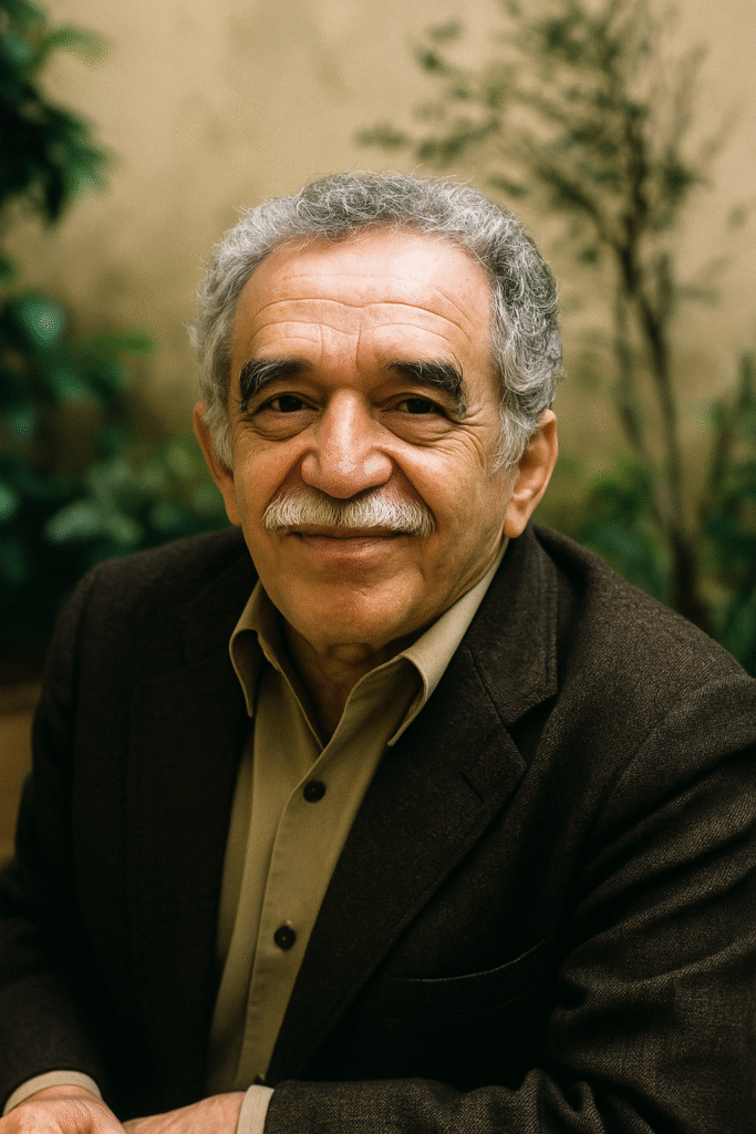 Retrato de un hombre mayor de cabello canoso y bigote blanco, sonriendo con serenidad, vestido con saco marrón y camisa clara, con fondo natural desenfocado.