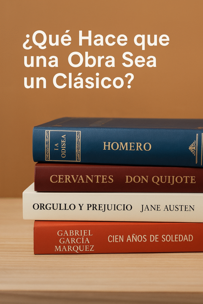 Cuatro novelas clásicas apiladas sobre una superficie oscura, resaltadas con iluminación tenue.