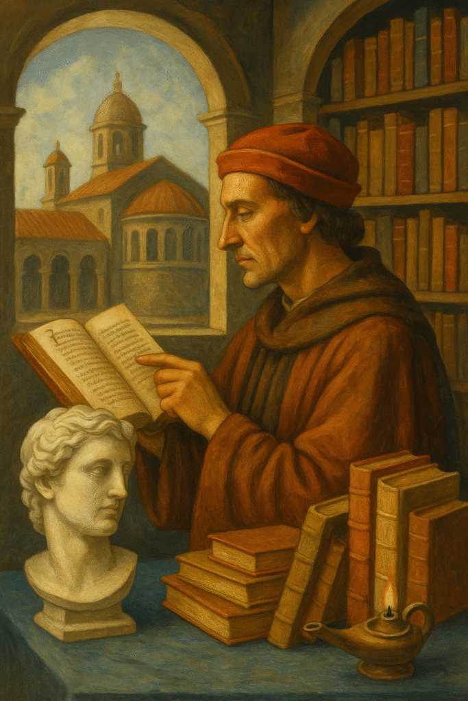 Una pintura tradicional del Renacimiento con libros antiguos, un globo terráqueo y un busto clásico sobre una mesa de madera.