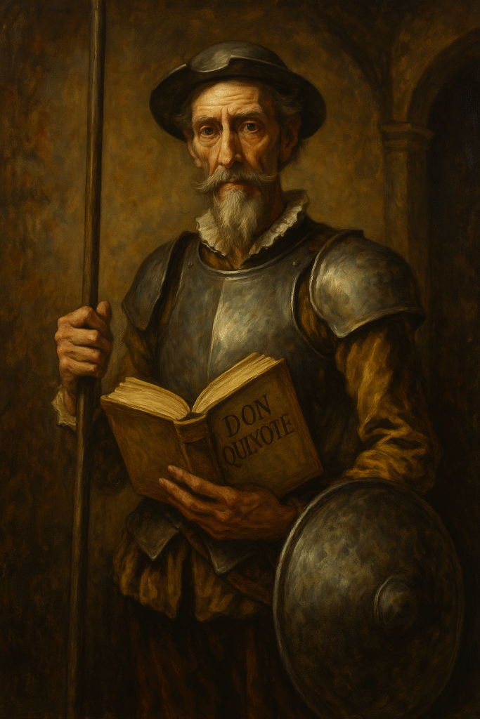 Pintura realista tradicional de Don Quijote de la Mancha cabalgando con Sancho Panza por un paisaje rural.