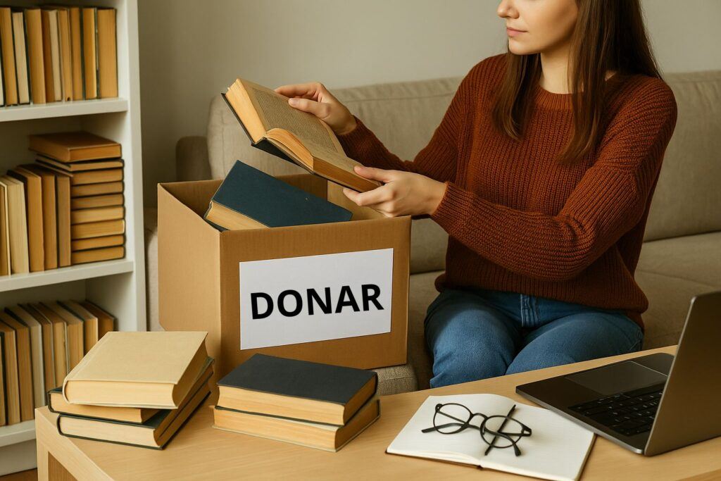 Mujer joven organizando libros en una biblioteca doméstica iluminada con luz natural.