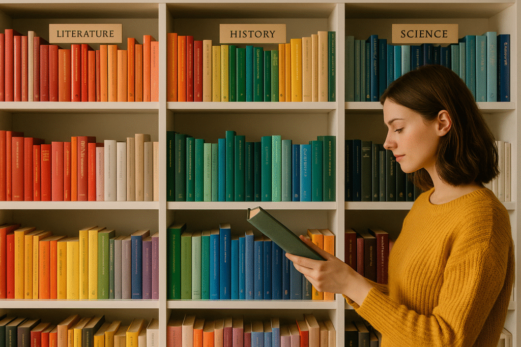 Biblioteca doméstica organizada con libros clasificados por colores en estanterías blancas, acompañada de una silla de lectura.
