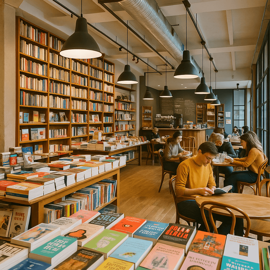 Fotografía de una librería moderna en Madrid con áreas de lectura, café y estanterías llenas de libros.