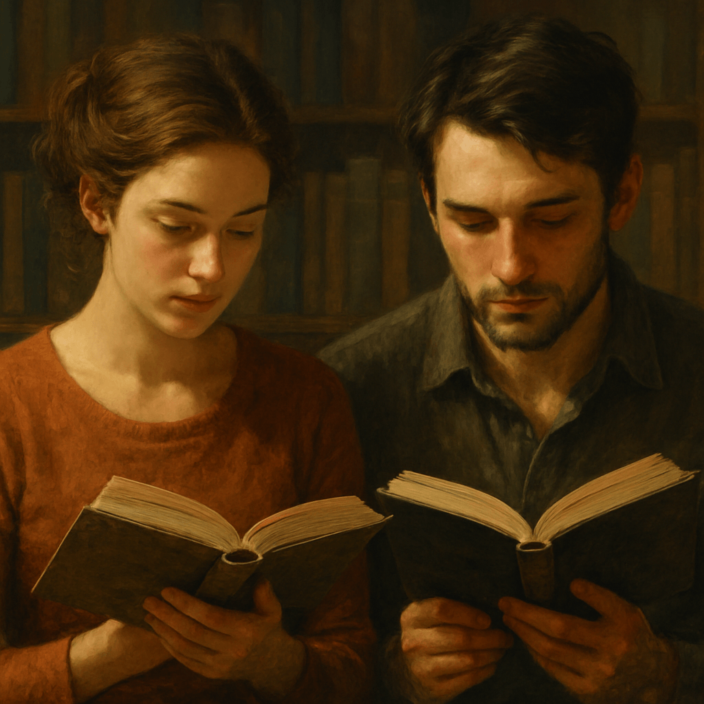 Pintura tradicional de estilo realista que ilustra un libro abierto sobre una mesa de madera junto a una vela encendida.