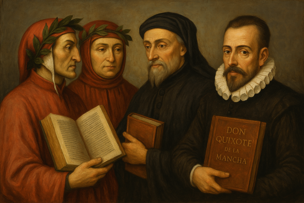 Retrato figurativo de cuatro escritores renacentistas: Dante Alighieri, Petrarca, Geoffrey Chaucer y Miguel de Cervantes, representados con vestimenta de época y libros en mano.