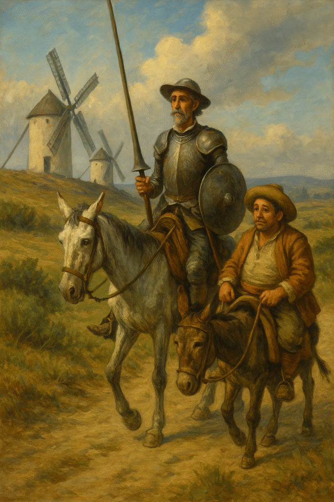 Óleo tradicional que representa a Don Quijote enfrentando molinos de viento, acompañado por Sancho Panza en un paisaje castellano.