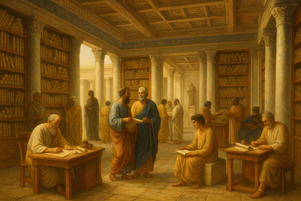 Pintura realista de la Biblioteca de Alejandría en su apogeo, con eruditos estudiando pergaminos y arquitectura helenística de fondo.