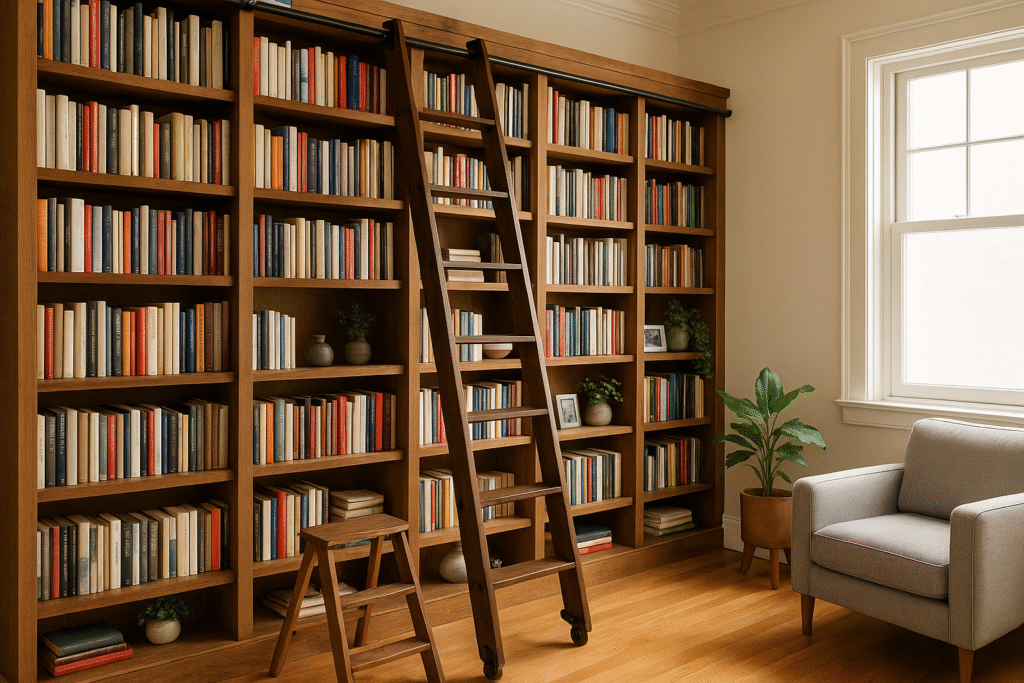 Estanterías altas llenas de libros en una biblioteca doméstica luminosa, aprovechando el espacio vertical hasta el techo.