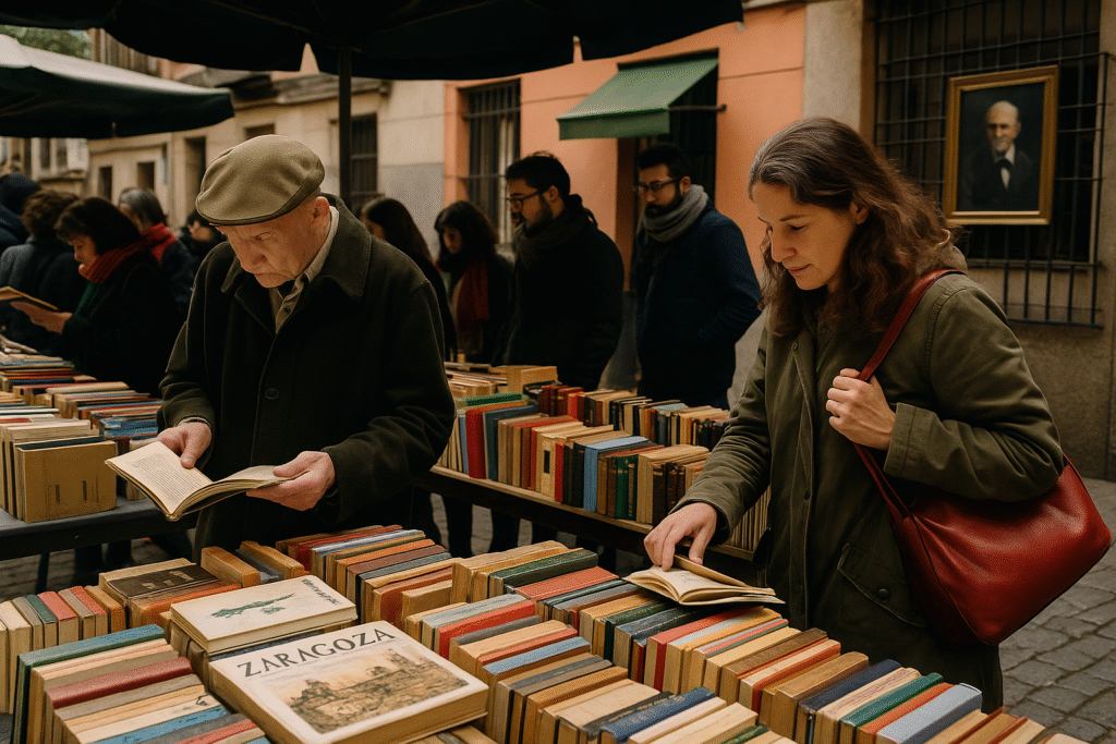 Puesto de libros antiguos al aire libre en El Rastro de Madrid.