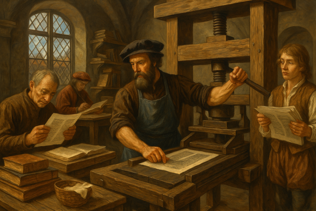 Pintura tradicional al óleo que representa el taller de Gutenberg con una imprenta de tipos móviles y eruditos revisando textos antiguos.