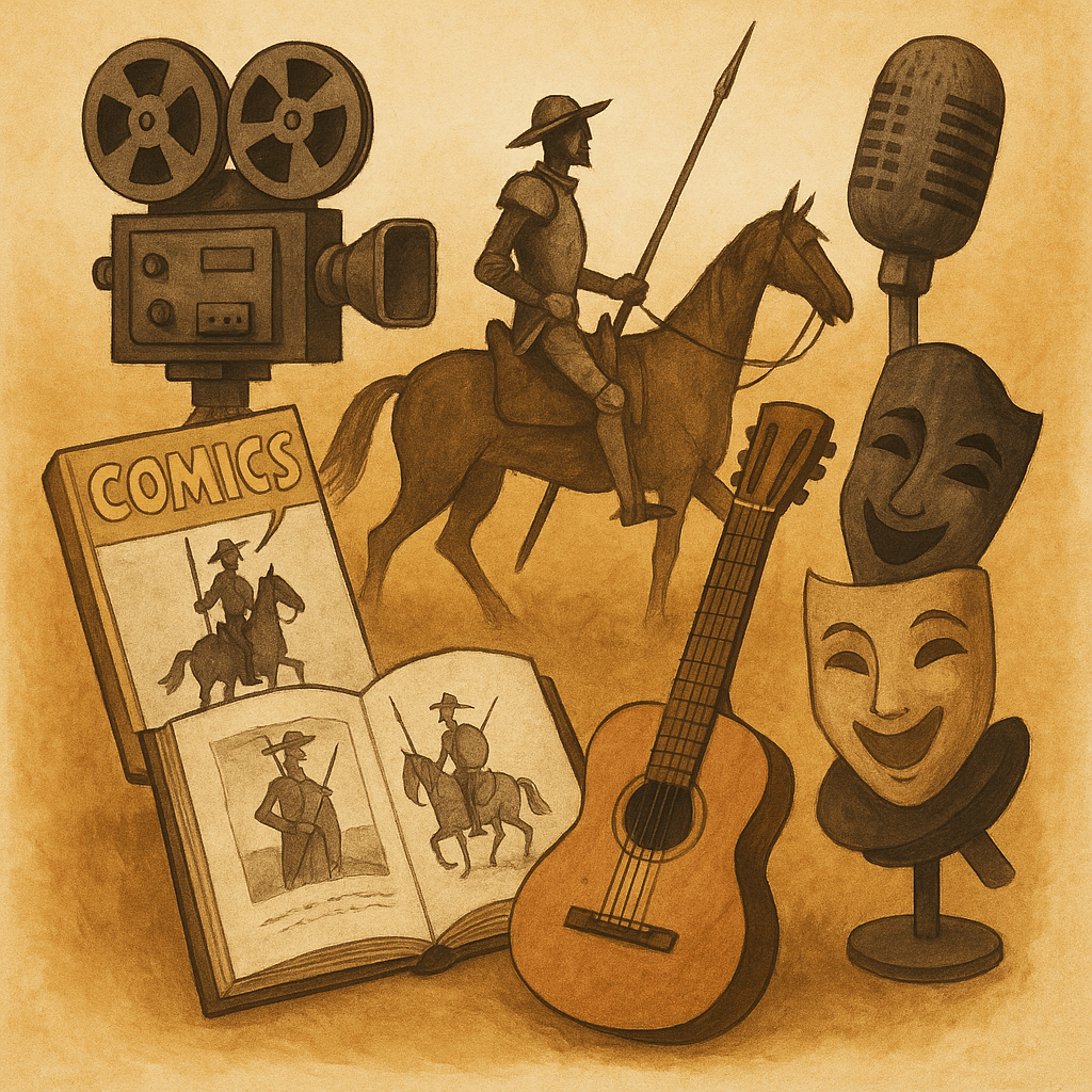 Ilustración tradicional de Don Quijote y Sancho Panza viajando entre escenas de arte, teatro, libros y cine.