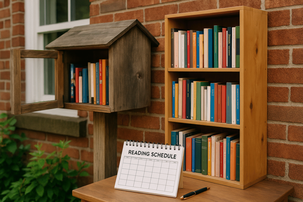 Caja de intercambio de libros ubicada junto a una pequeña biblioteca comunitaria al aire libre.