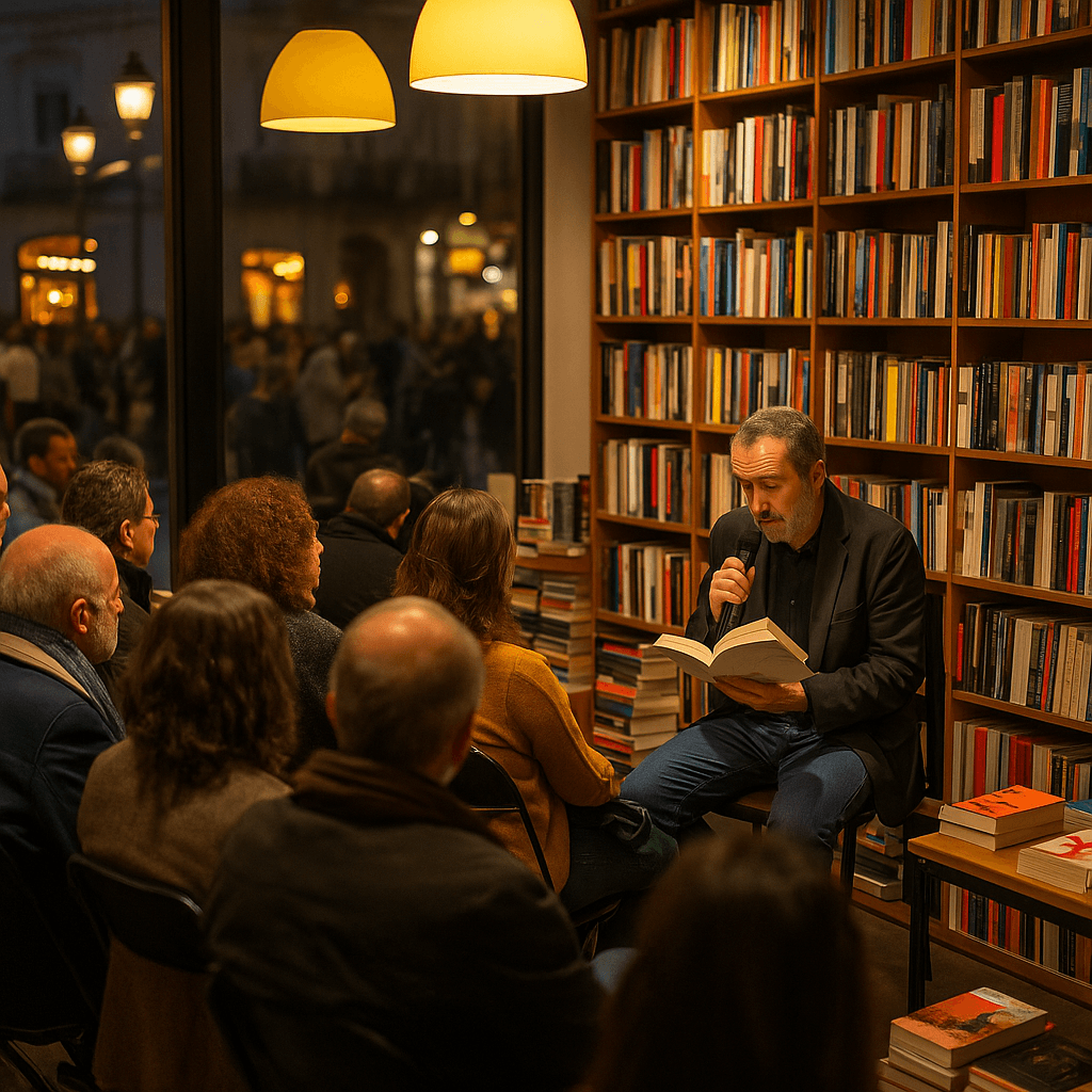 Fotografía de un evento literario con autor leyendo ante un público en una librería madrileña.