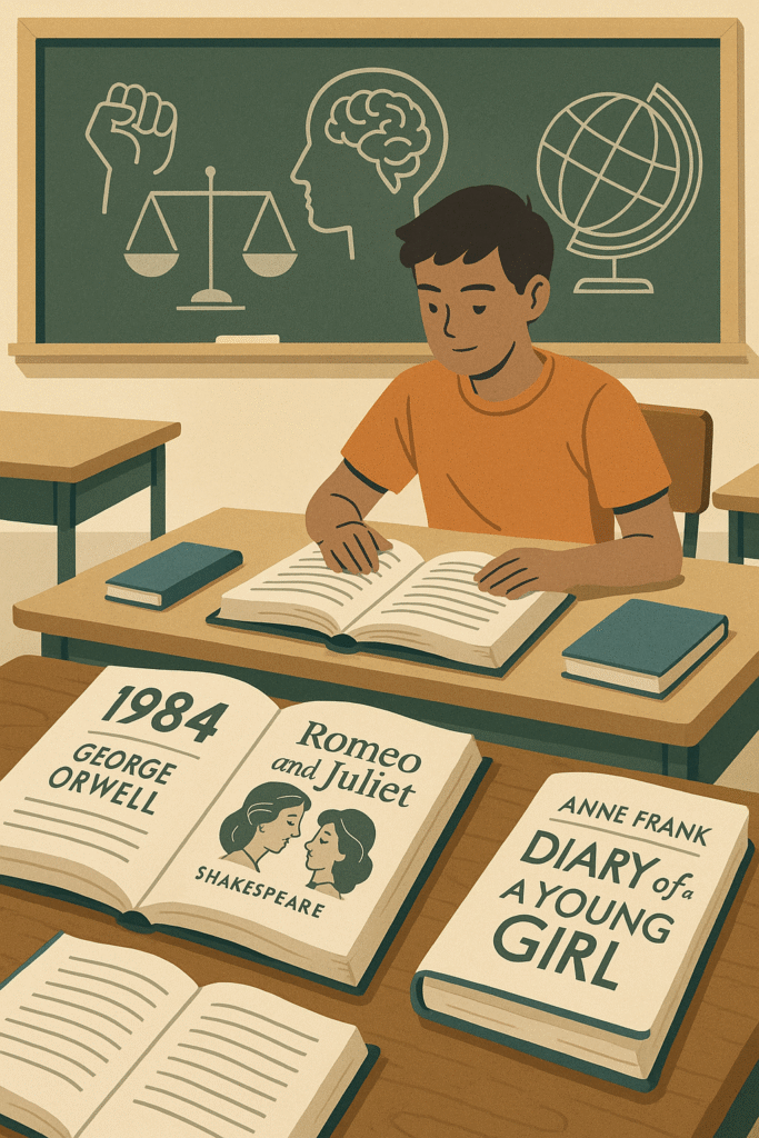 Ilustración digital de una escena educativa en un aula donde un joven sostiene un libro abierto con expresión reflexiva.