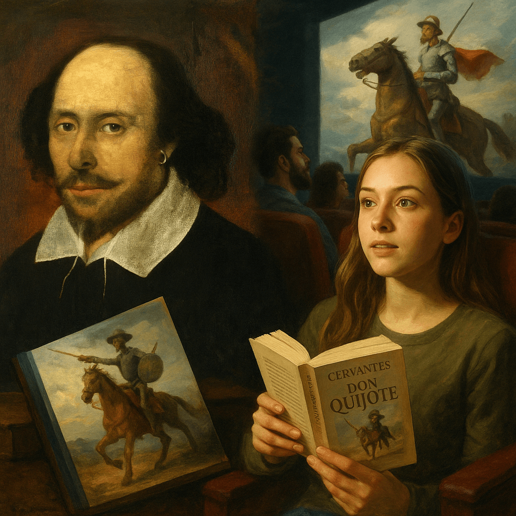 Ilustración digital que combina elementos del Renacimiento con escenas modernas de escritura, representando la influencia literaria renacentista en la actualidad.