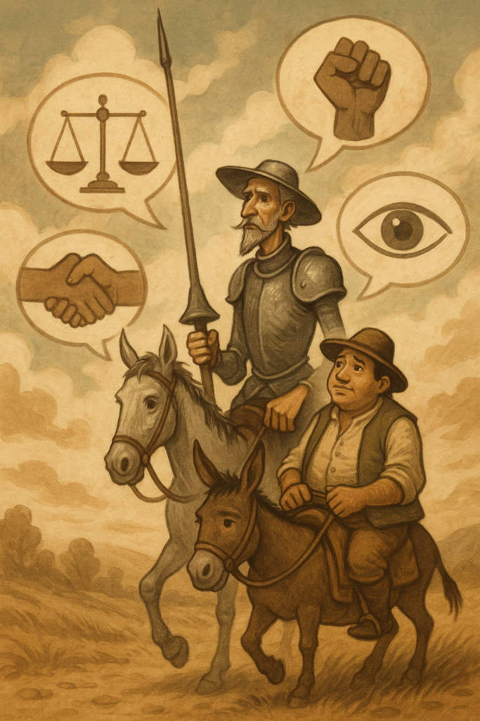 Ilustración tradicional que muestra a Don Quijote y Sancho Panza cabalgando por un paisaje abierto al atardecer.