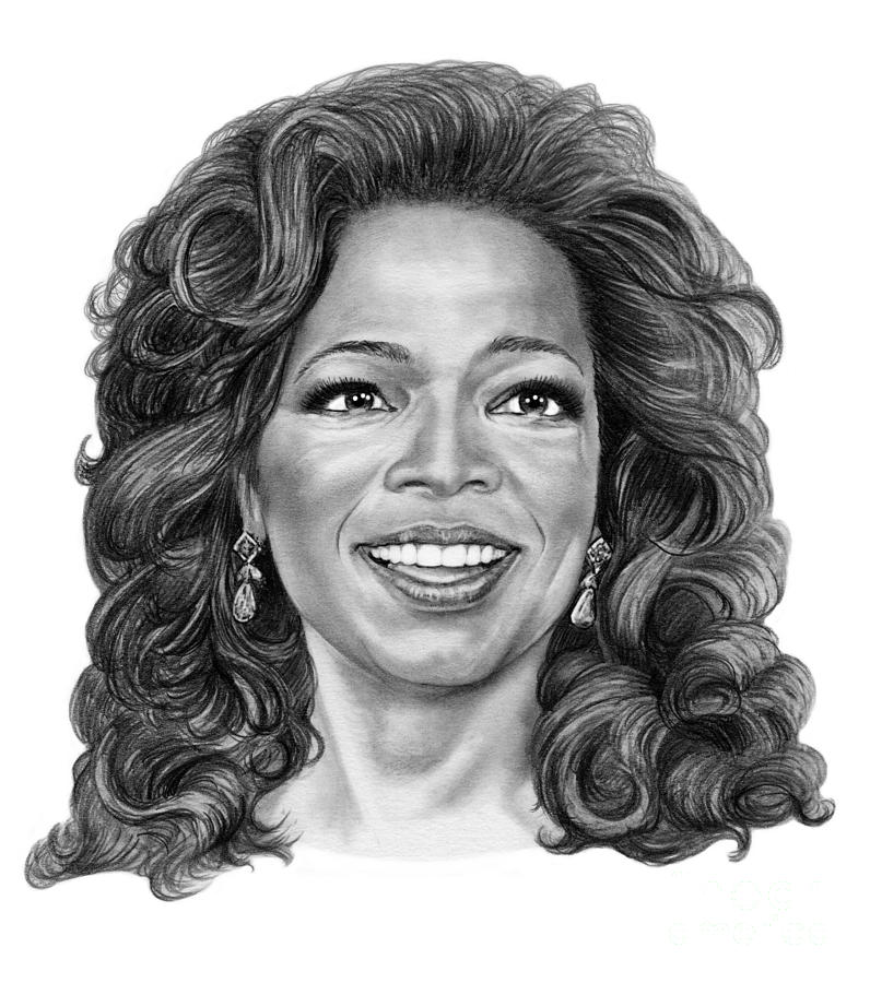 Retrato en blanco y negro de Oprah Winfrey sonriendo, con detalles realistas en el cabello y expresión alegre.