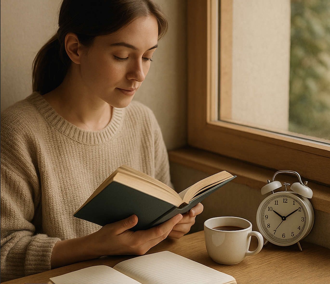 Mujer joven leyendo junto a una ventana con luz natural, rodeada de una libreta, un reloj y una taza de café, simbolizando una rutina de lectura tranquila y productiva.