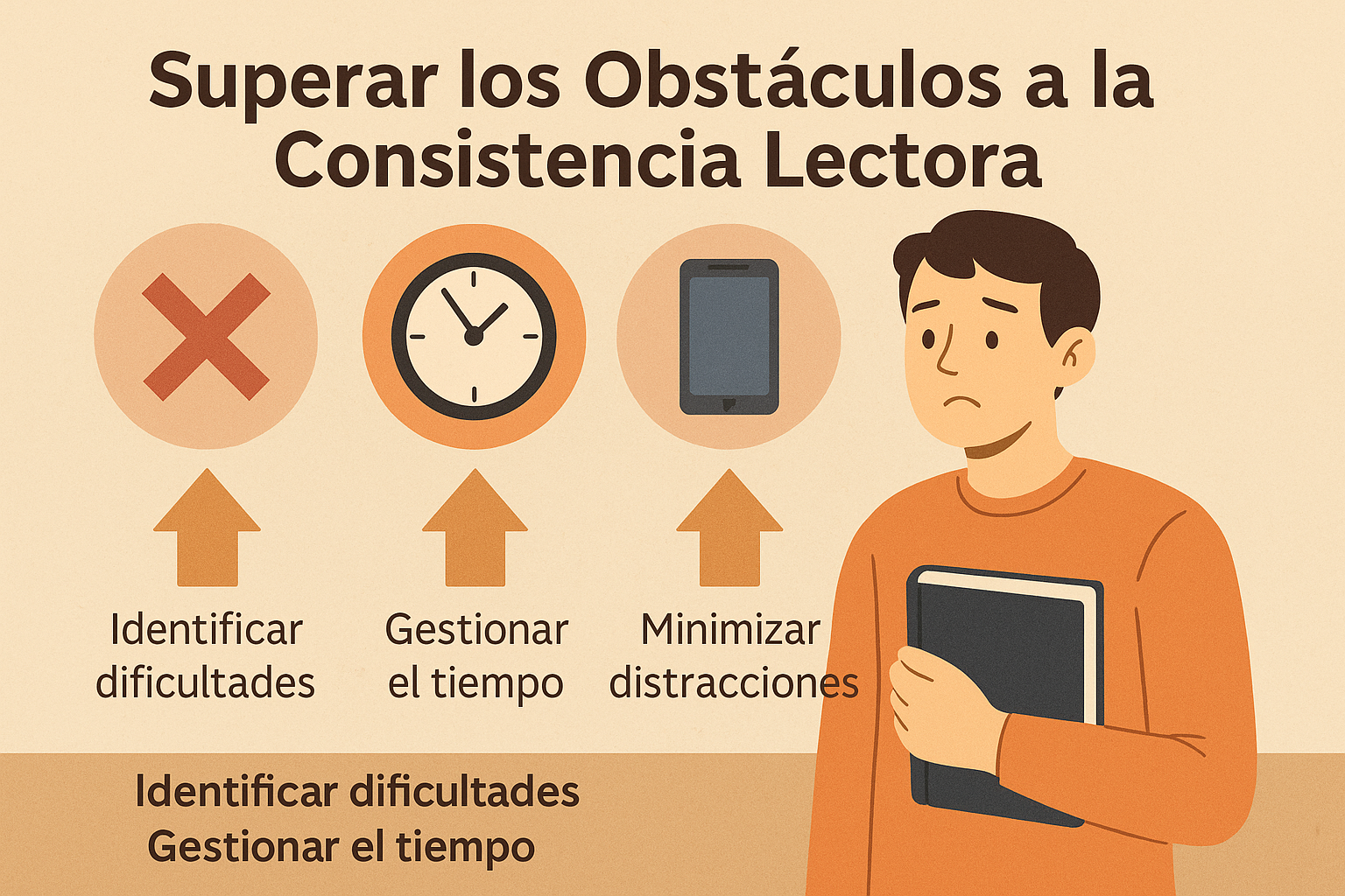 Ilustración de un joven con un libro enfrentando tres obstáculos comunes a la lectura: tiempo, distracciones y dificultades, representados por íconos claros.