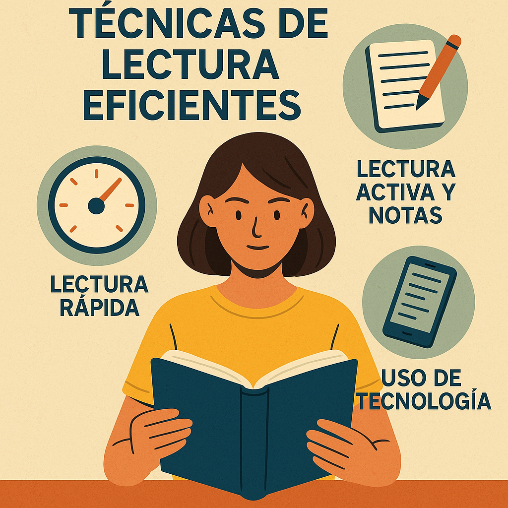 Infografía sobre técnicas de lectura eficientes con iconos de lectura rápida, toma de notas y uso de tecnología.