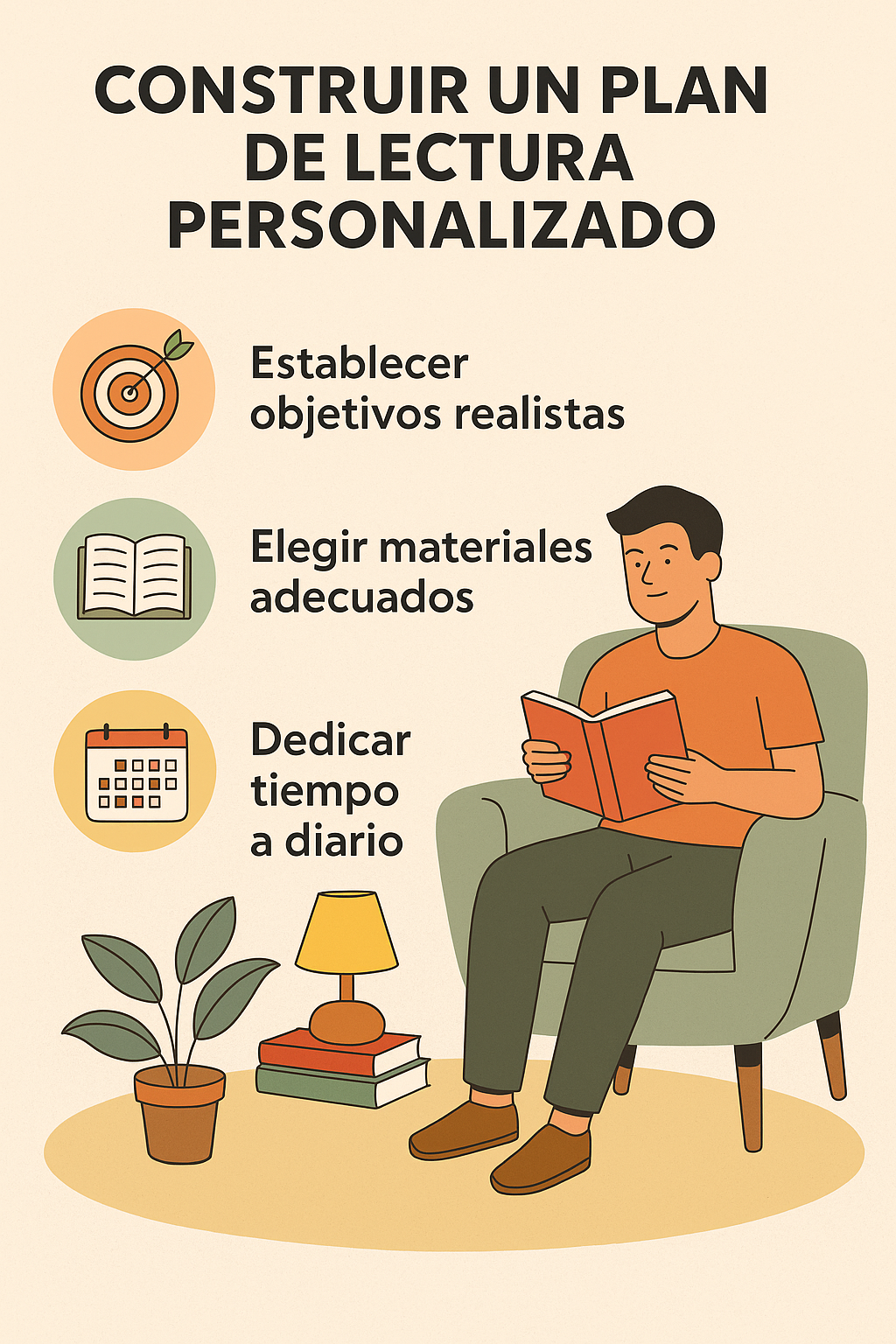 Ilustración de un joven leyendo en un sillón con íconos que representan cómo construir un plan de lectura personalizado.