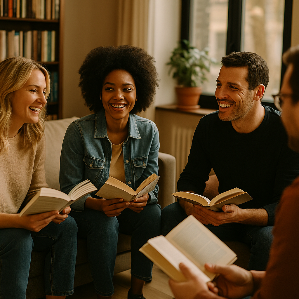 Cuatro personas sonrientes compartiendo un momento de lectura en grupo en una sala acogedora, rodeadas de libros y luz natural.