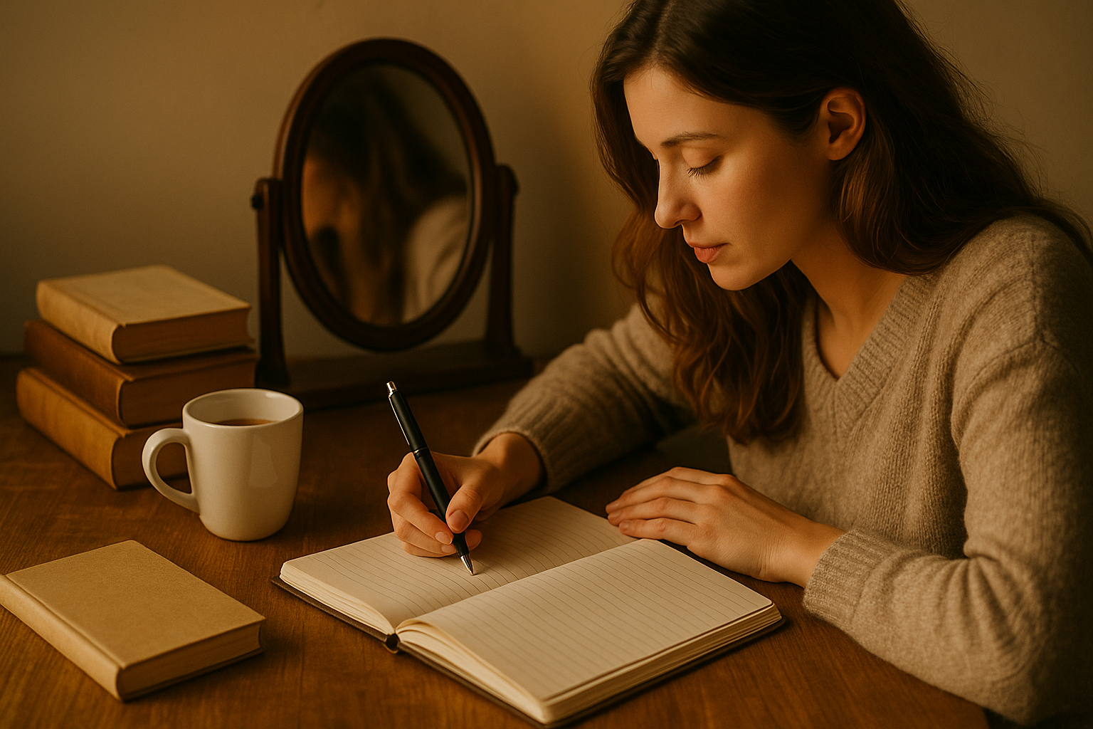 Mujer joven escribiendo en un cuaderno frente a un espejo, rodeada de libros y una taza, en un ambiente íntimo y cálido.