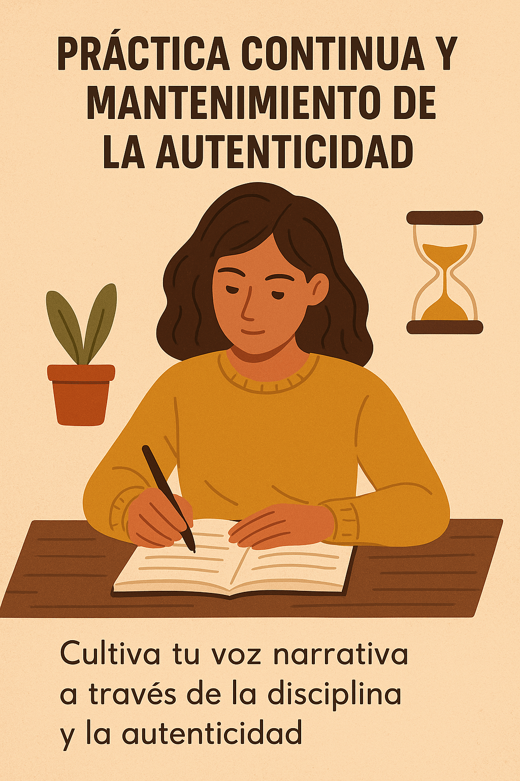 Ilustración de una mujer joven escribiendo en un cuaderno con el texto “Práctica continua y mantenimiento de la autenticidad”.