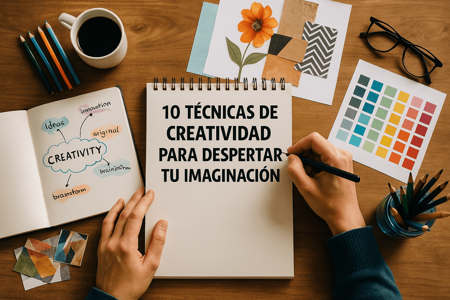 Vista superior de un escritorio creativo con materiales artísticos, mostrando un cuaderno que dice "10 Técnicas de Creatividad Para Despertar Tu Imaginación".